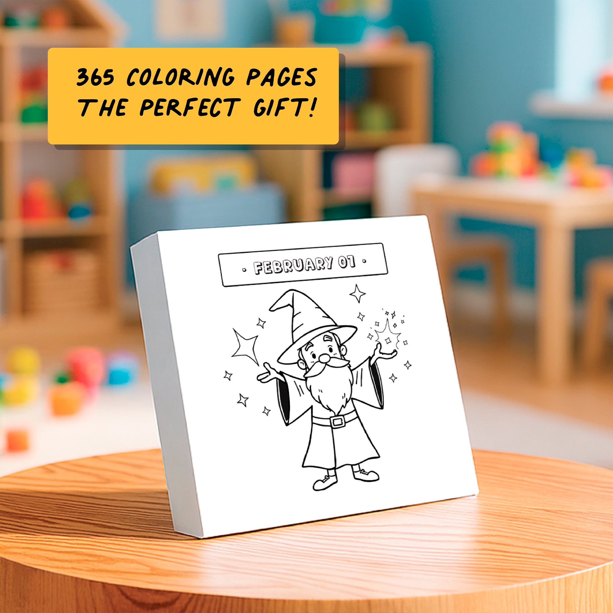 Charlie's Treasures Kids Coloring Calendar—February 1 features a cartoon wizard coloring page displayed in a playroom. Text above: "365 coloring pages, the perfect gift!" A mindful activity and daily reflection calendar for kids' creative fun.