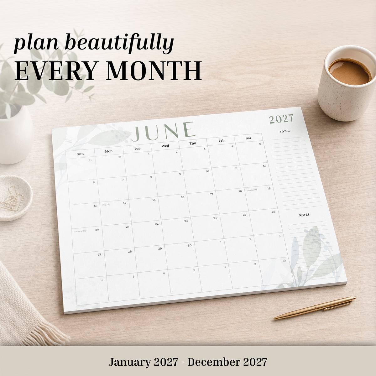 2027 Floral 12-Month Flat Desk Calendar (22"x17")