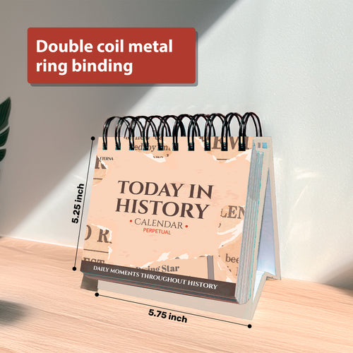 The Eterna Goods "Today In History Perpetual Calendar" features double coil metal ring binding, measures 5.25 x 5.75 inches, and is displayed on a stand.
