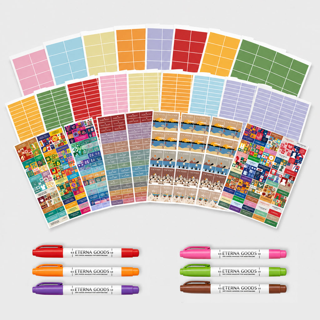 The Eterna Goods Ultimate Own The Year Bundle features assorted colorful planning sticker sheets arranged in rows above six dry-erase markers with colored caps, all displayed on a white background.