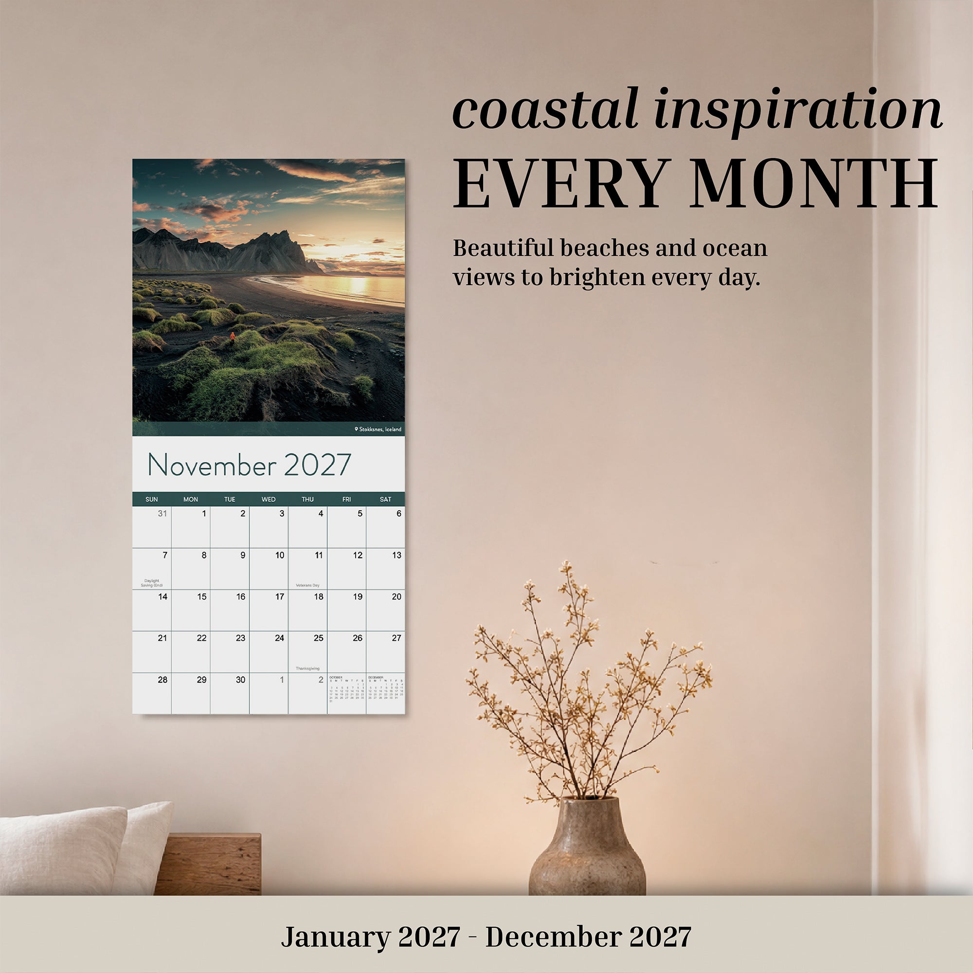 Eterna Goods 2027 Beaches Wall Calendar: This 12-month wall calendar features stunning beach photography, offering coastal inspiration every month from January to December 2027. Shown is the November 2027 page, displaying a scenic coastal landscape.