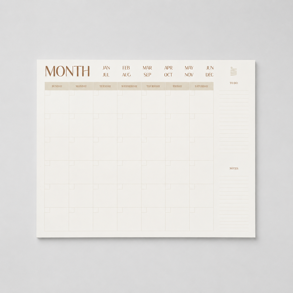 The Eterna Goods Undated 12-Month Flat Desk Calendar (22" x 17") features a blank monthly template with days of the week, fill-in dates, to-do list column, and notes section—perfect as a large minimalist planner for your desk.