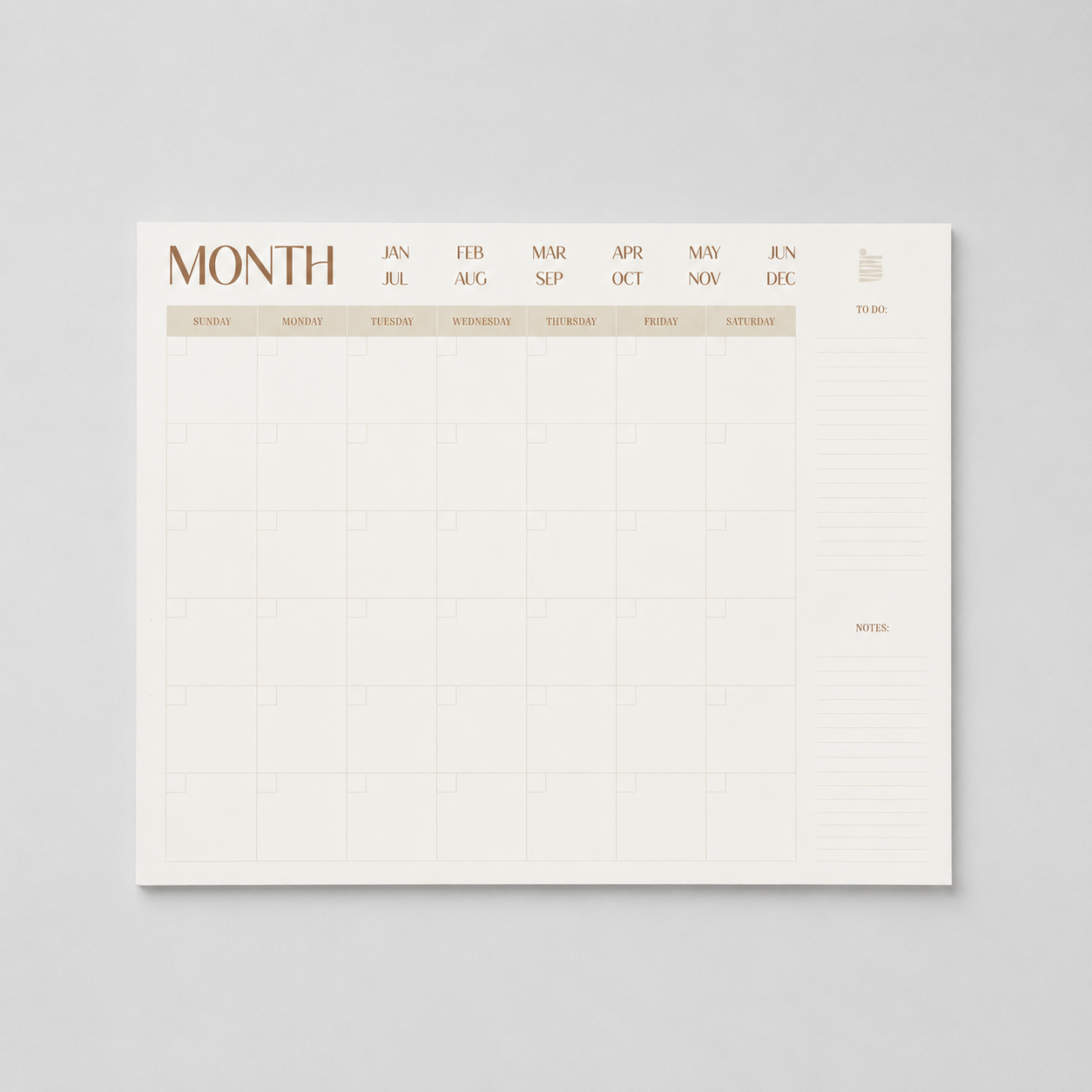 The Eterna Goods Undated 12-Month Flat Desk Calendar (22" x 17") features a blank monthly template with days of the week, fill-in dates, to-do list column, and notes section—perfect as a large minimalist planner for your desk.