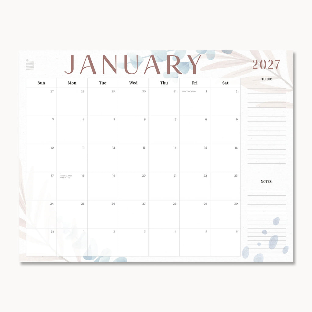 2027 Floral 12-Month Flat Desk Calendar showing the January page with soft floral accents