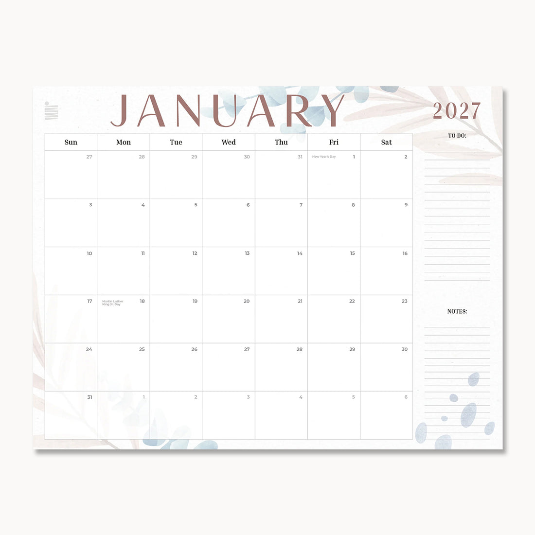 2027 Floral 12-Month Flat Desk Calendar showing the January page with soft floral accents