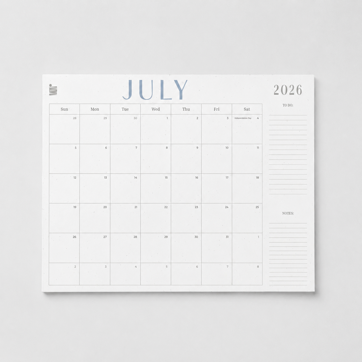 The Eterna Goods 2026-2027 18-Month Flat Desk Calendar (22"x17") features a blank July 2026 page with large note space and a right-side to-do list on a plain white background, perfect for desk use or monthly planning.