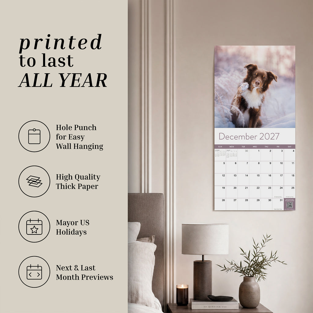 An Eterna Goods 2027 Dogs Wall Calendar, featuring vibrant monthly canine images, hangs above a bedroom desk. Ideal for dog lovers, this calendar highlights key features and details on the left side of the image.