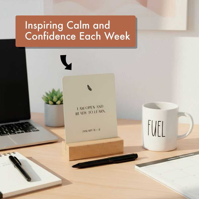 Create an inspiring desk setup with Eterna Goods’ Positive Affirmation Cards Weekly Calendar—52 aesthetic mindfulness cards, perfect for encouragement and self-care gifts, January 15-21 affirmation included.