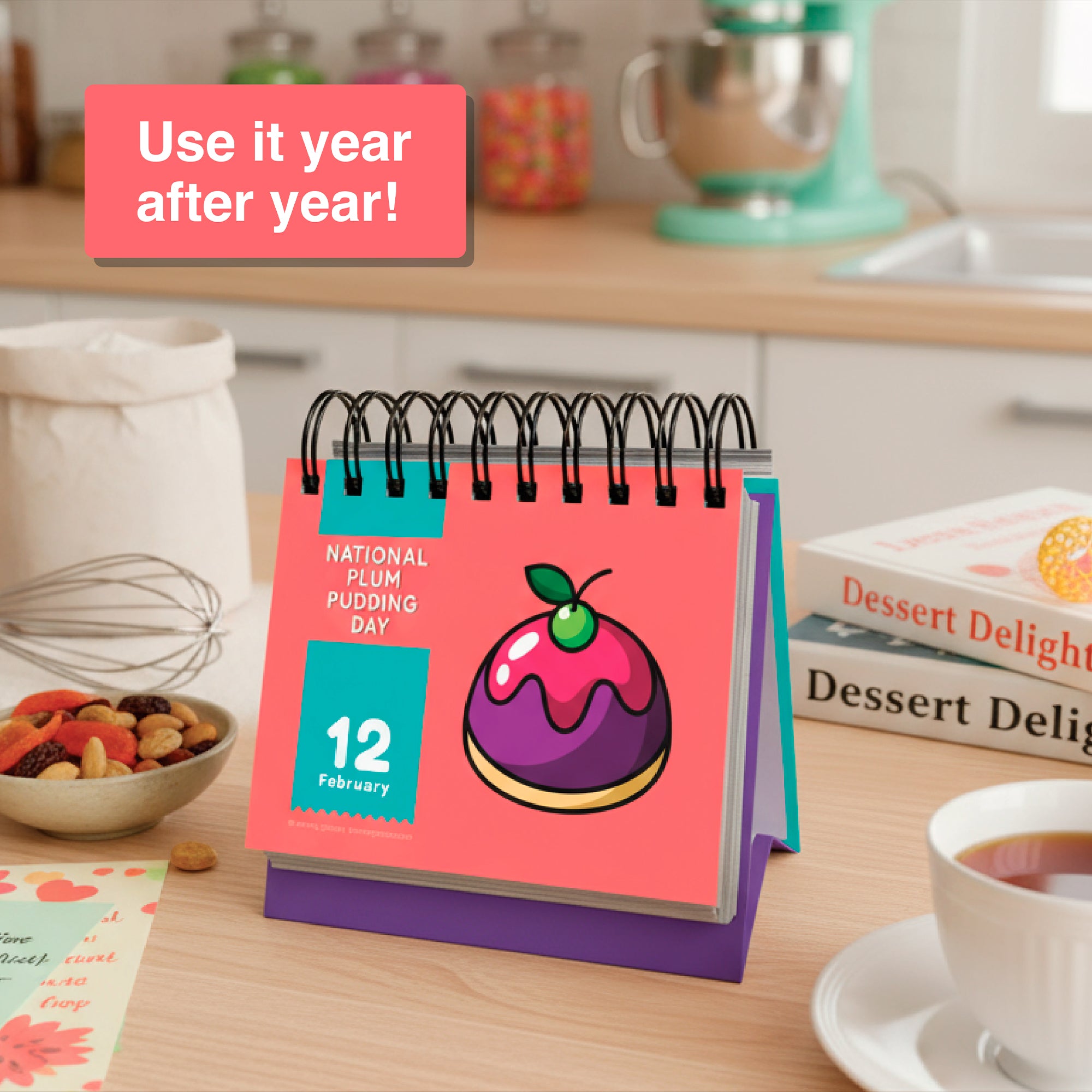 Eterna Goods' "A Holiday Everyday Perpetual Calendar" sits on the kitchen counter showing "National Plum Pudding Day, 12 February," beside snacks and baking items—highlighting unique holidays to celebrate all year.