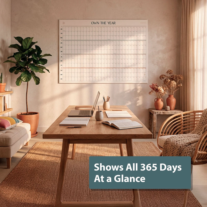 A home office with a wooden desk, laptop, and books features the Eterna Goods Own the Year Undated GIANT Dry Erase Wall Calendar (4ft x 3ft), showing all 365 days at a glance. Text overlay: "Shows All 365 Days At a Glance.