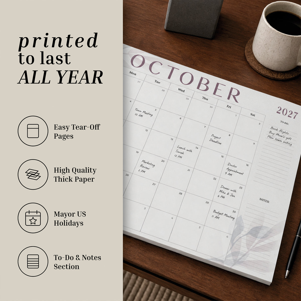 2027 Floral 12-Month Flat Desk Calendar (22"x17")