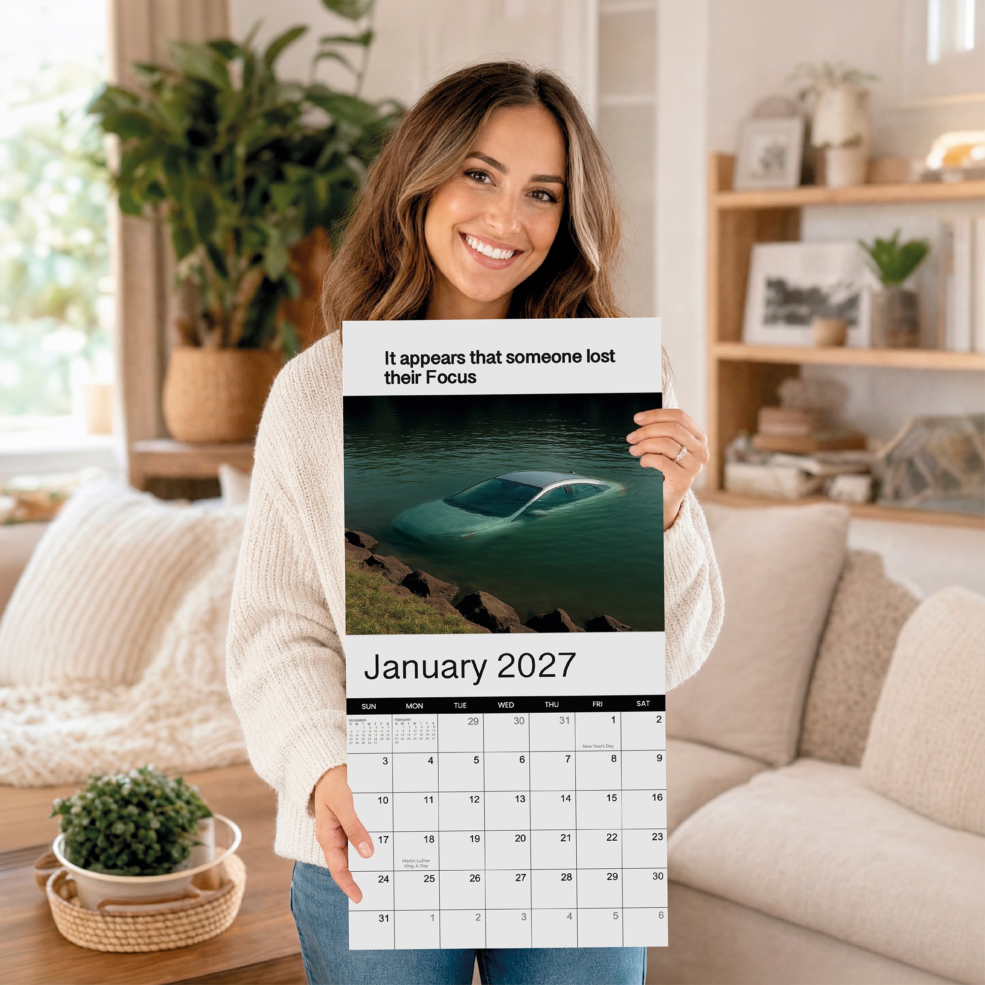 A woman smiles while holding the Eterna Goods 2027 Meme Wall Calendar, which features meme artwork of a car submerged in water with the caption, "It appears that someone lost their Focus.