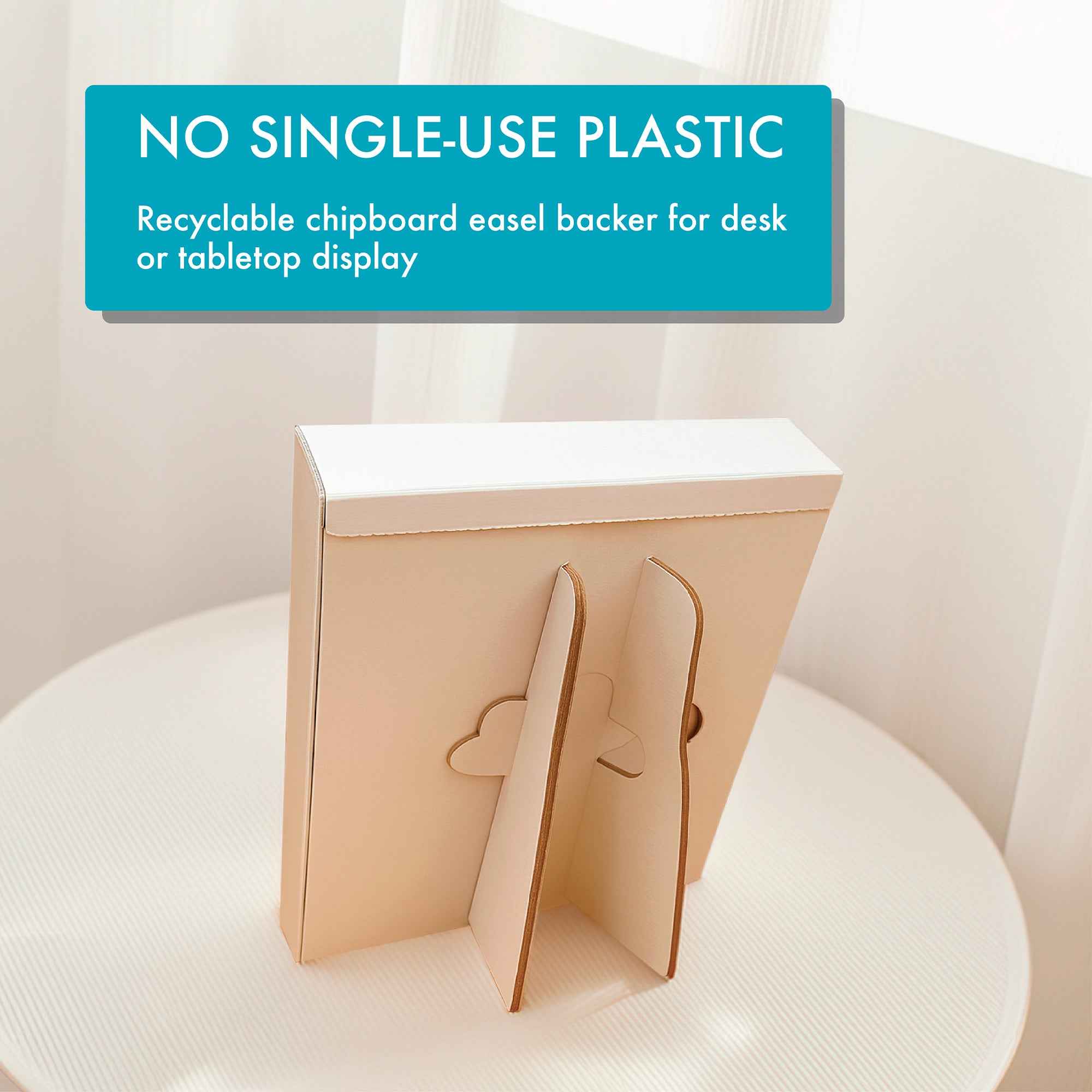 The 2025 Mindfulness Calendar by Eterna Goods sits on a recyclable chipboard easel backer, with a "NO SINGLE-USE PLASTIC" sign above, offering daily mindfulness reminders for stress relief and eco-friendly living.