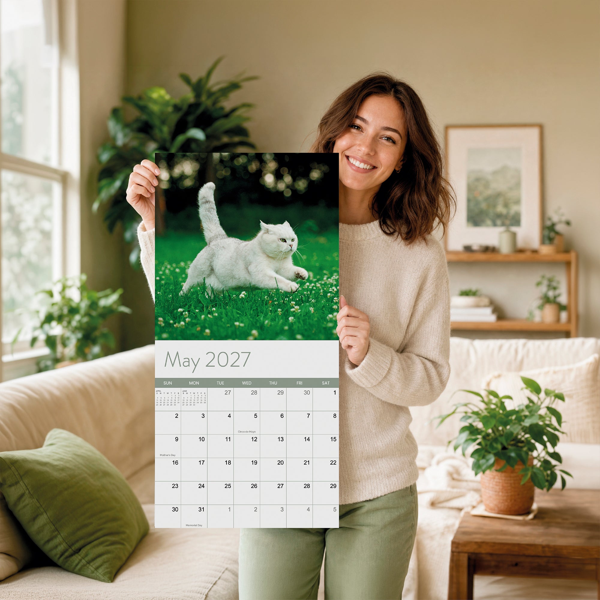 A woman stands in a living room, smiling as she holds up the Eterna Goods 2027 Cats Wall Calendar, which features a white cat running through grass—an ideal choice for cat photography enthusiasts.