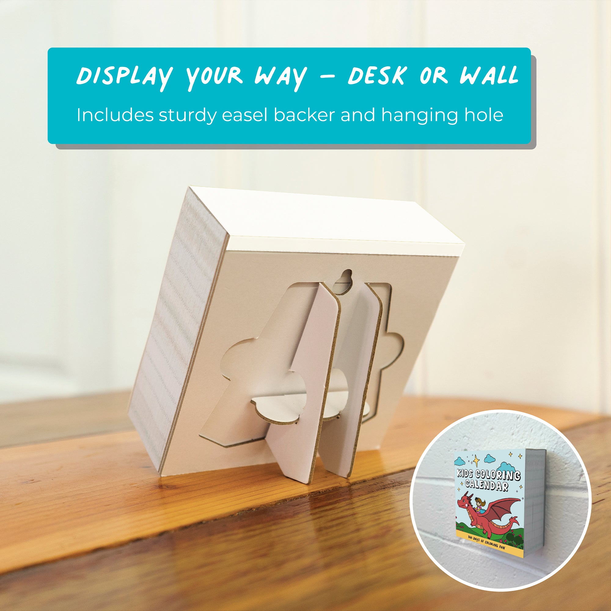 Back view of Charlie's Treasures Kids Coloring Calendar shows a small board with easel stand and hanging hole, ideal for mindful activities or daily reflection; inset displays the calendar hanging on a wall.