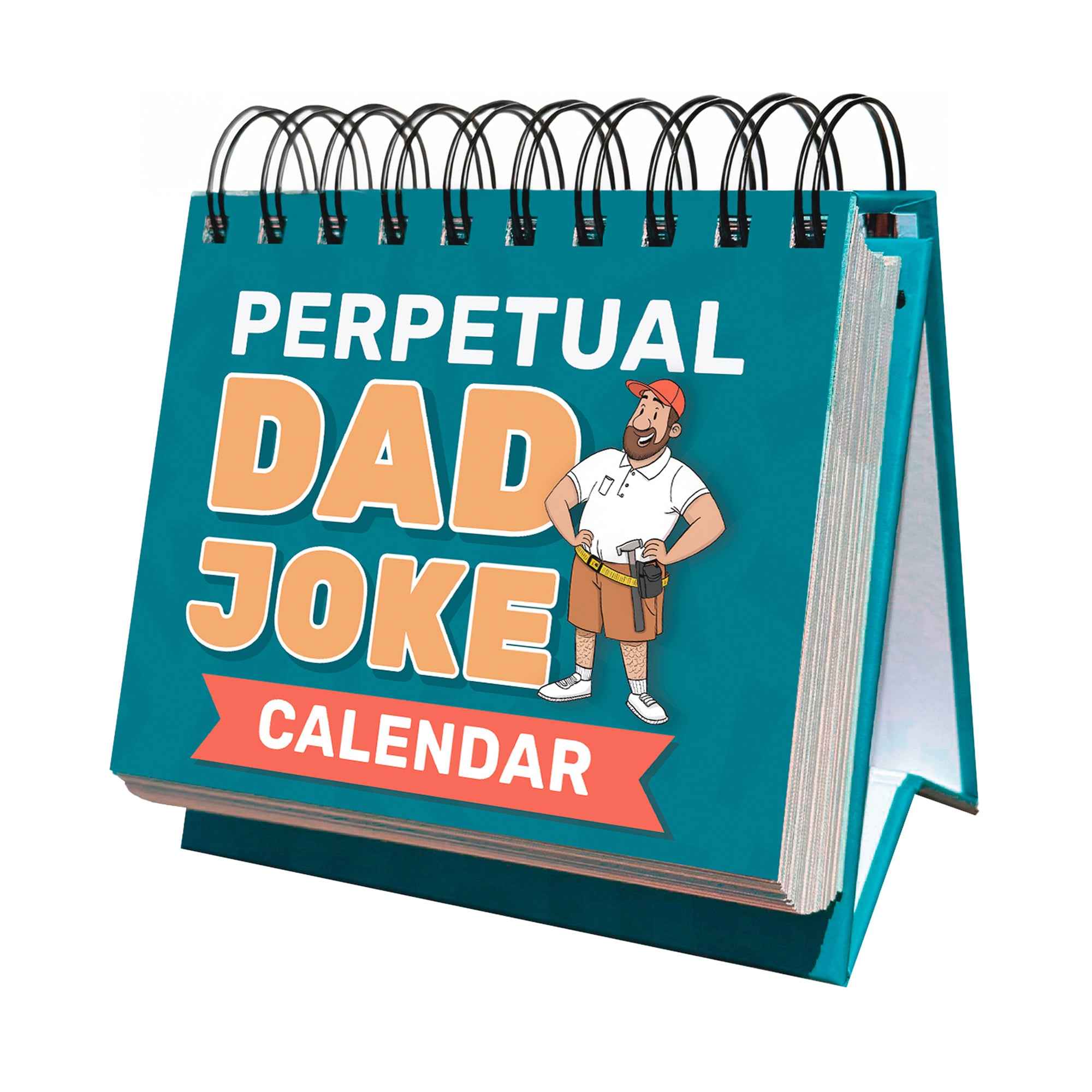 The Eterna Goods Perpetual Dad Joke Calendar is a teal spiral-bound desktop calendar with full-color art, perfect for display.