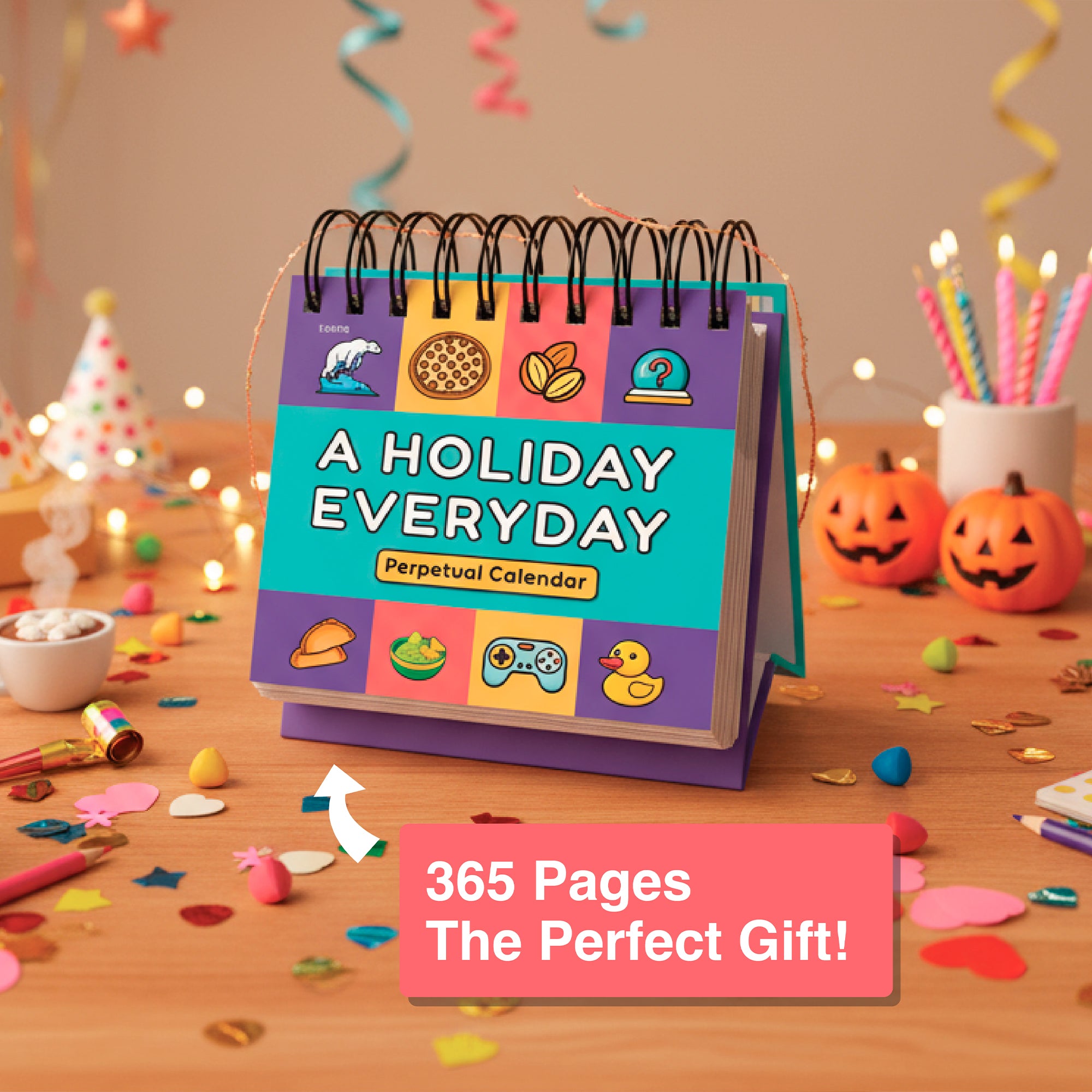 The A Holiday Everyday Perpetual Calendar by Eterna Goods adds color to a table decorated with confetti, snacks, and Halloween items for a fun daily celebration.