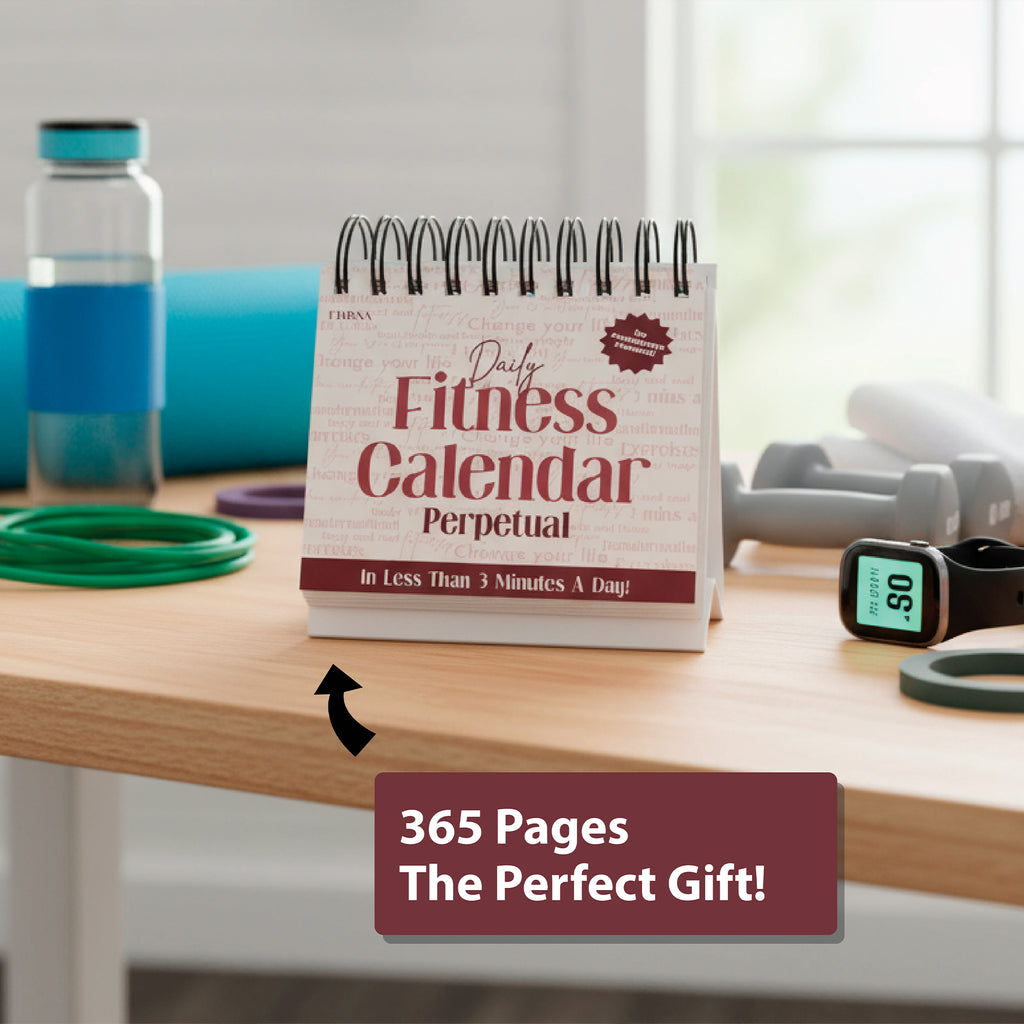 The Perpetual Fitness Calendar by Eterna Goods sits on a table surrounded by a water bottle, fitness tracker, and accessories—ideal for daily fitness tips and extra motivation.