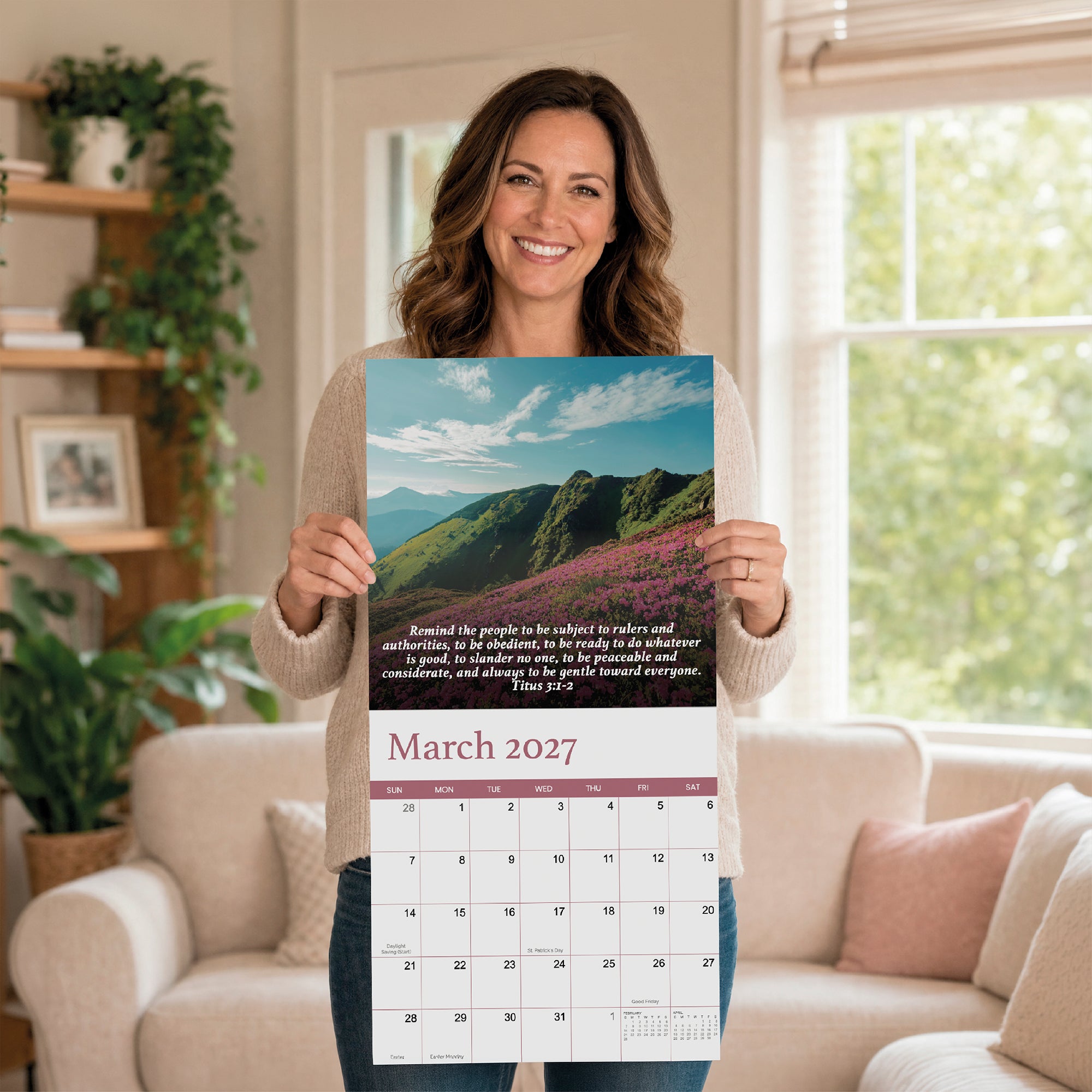A woman stands in her living room holding the Hannah Faith 2027 Bible Verse Wall Calendar, which features a scenic mountain landscape, uplifting religious quotes, and marked days.