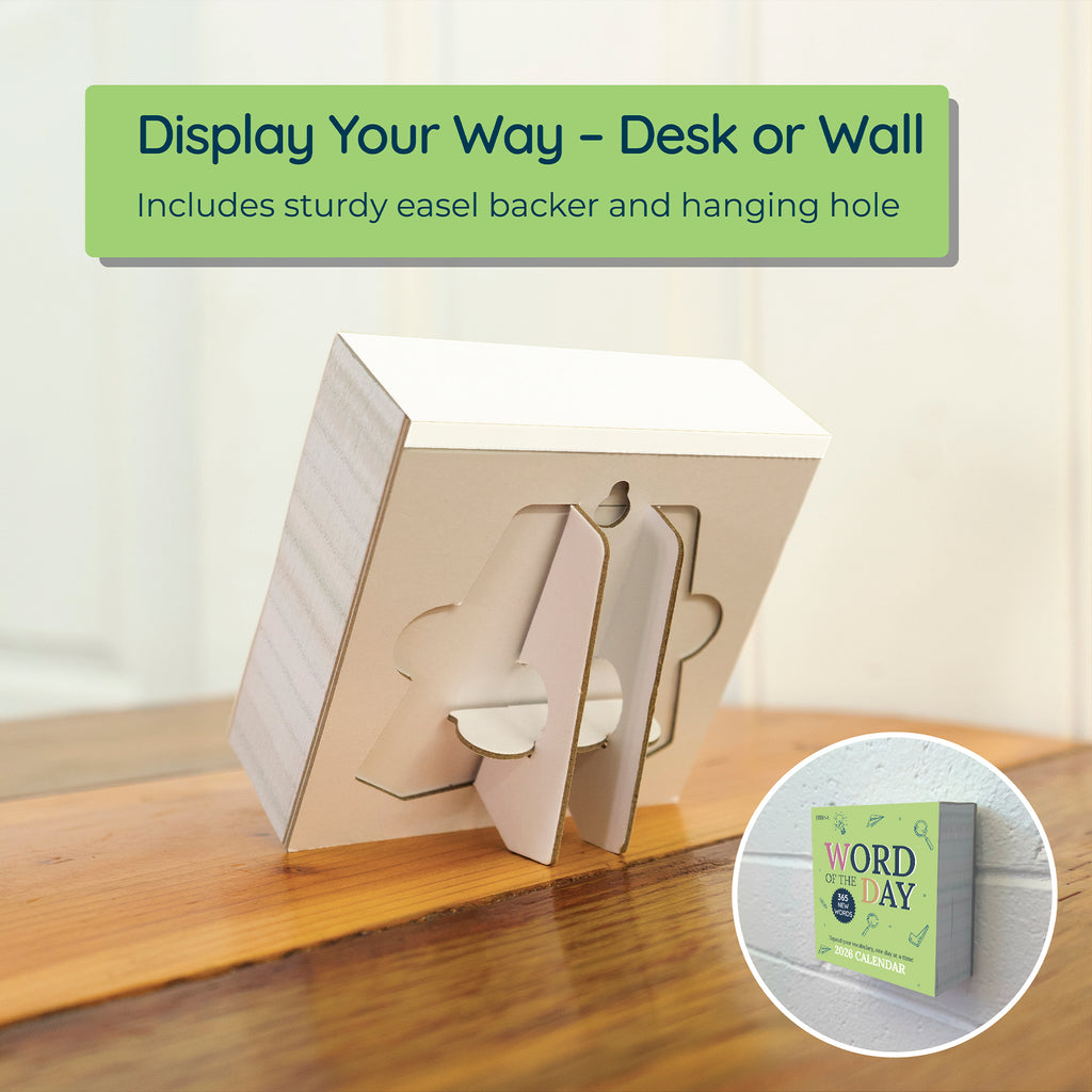 The Eterna Goods 2026 Word Of The Day Calendar features a sturdy easel backer for display, a hanging hole for wall mounting, and an inset of the cover—offering fun vocabulary building every day.