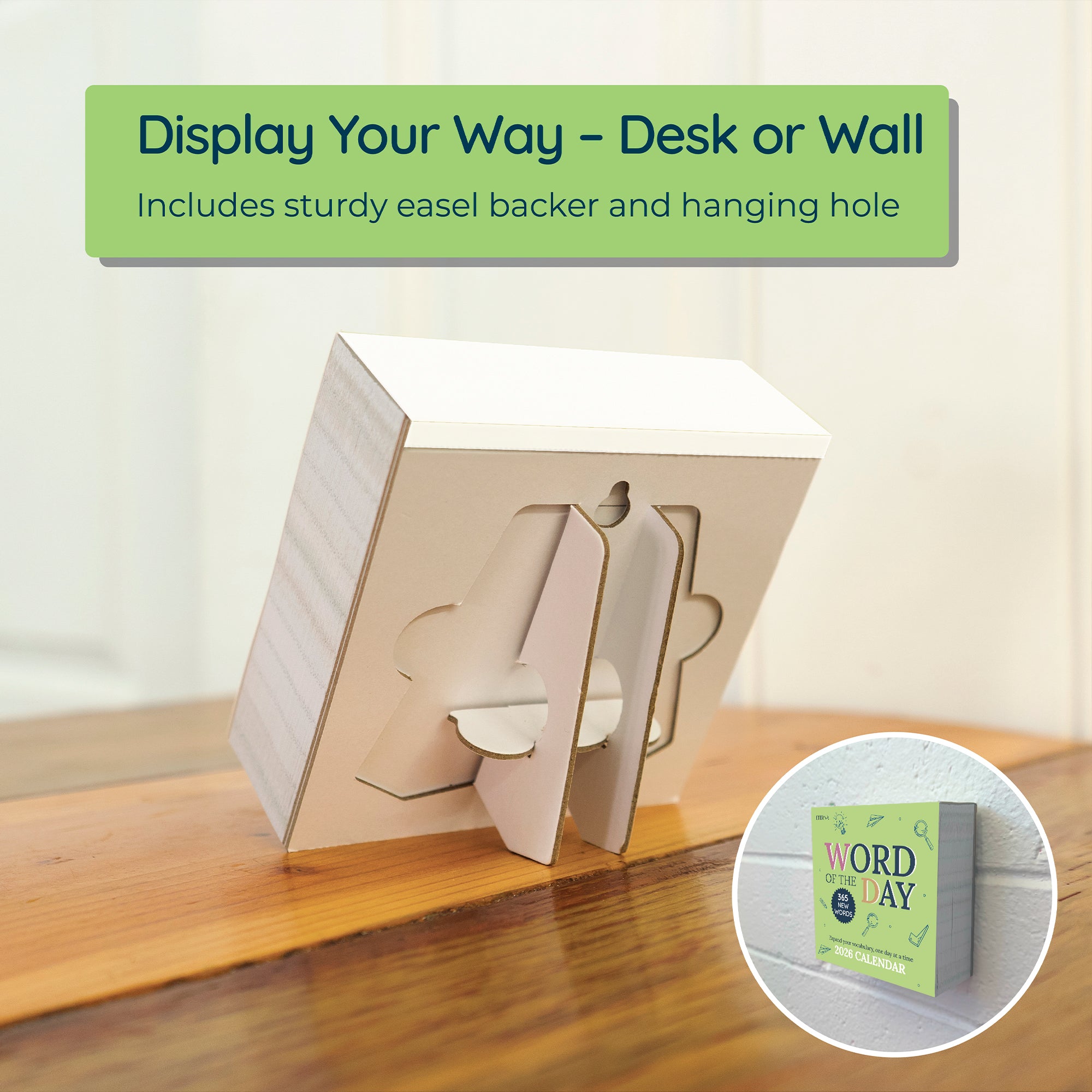 The Eterna Goods 2026 Word Of The Day Calendar features a sturdy easel backer for display, a hanging hole for wall mounting, and an inset of the cover—offering fun vocabulary building every day.