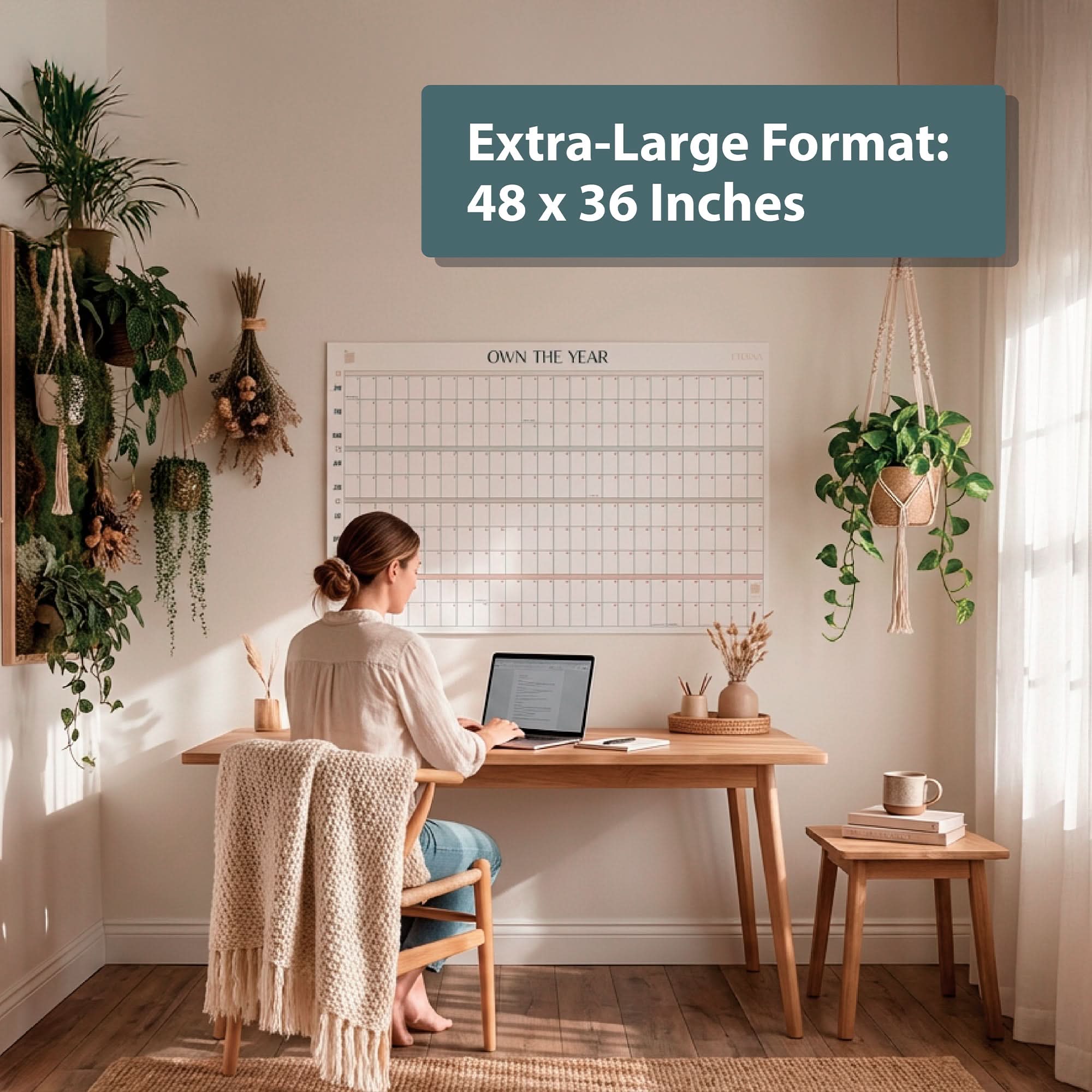 A woman works at a wooden desk in her home office; above her, an Eterna Goods Own the Year Undated GIANT Dry Erase Wall Calendar (4ft x 3ft) serves as a full-year planner on the wall.