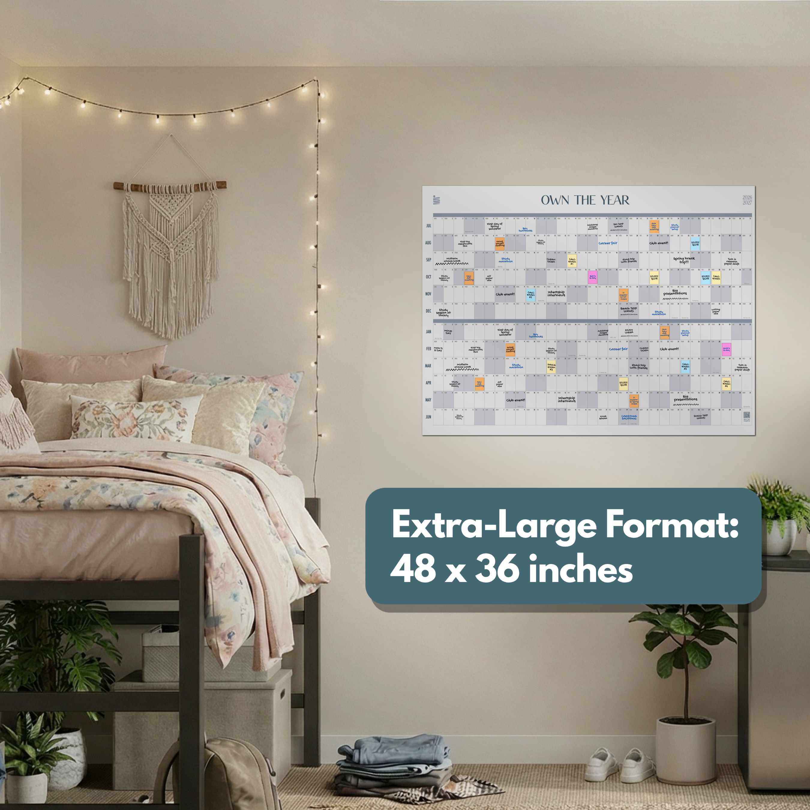 A cozy bedroom with string lights, a lofted bed with floral bedding, and the Eterna Goods Midyear/Academic Own the Year 2026-2027 GIANT Dry Erase Wall Calendar (4ft x 3ft)—perfect for planning and staying organized all year.