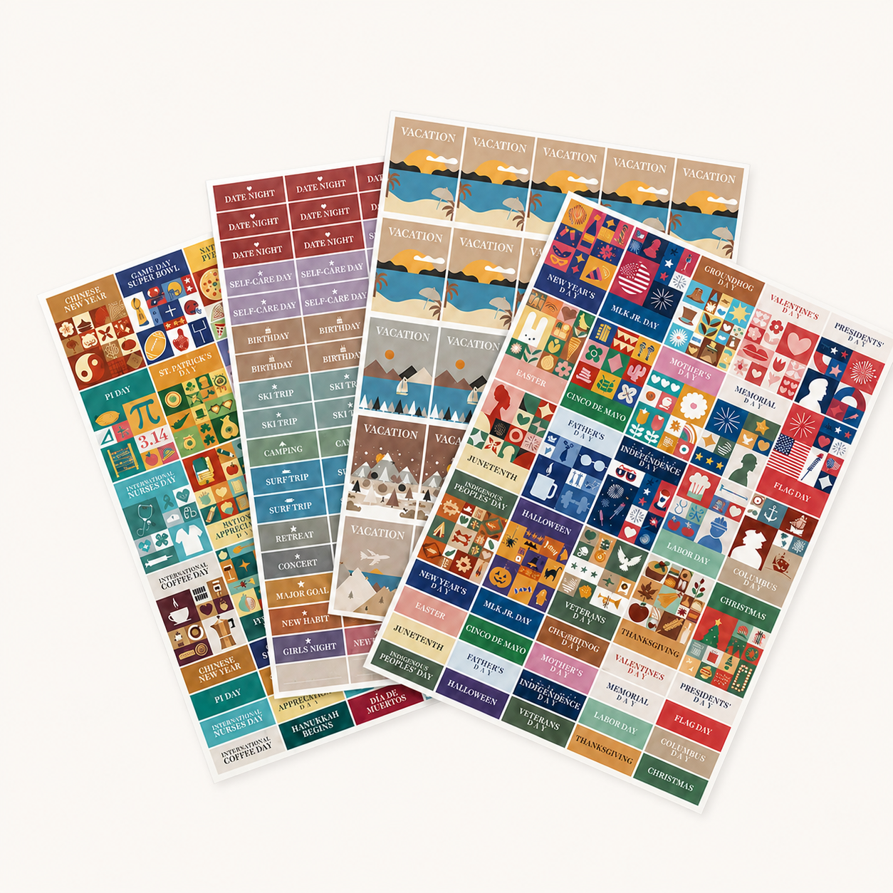 Eterna Goods' Holiday Sticker Pack includes four sheets of vibrant rectangular and square planner stickers, featuring an assortment of icons, labels, and festive illustrations for events, holidays, and reminders—all neatly arranged on a light-colored background.