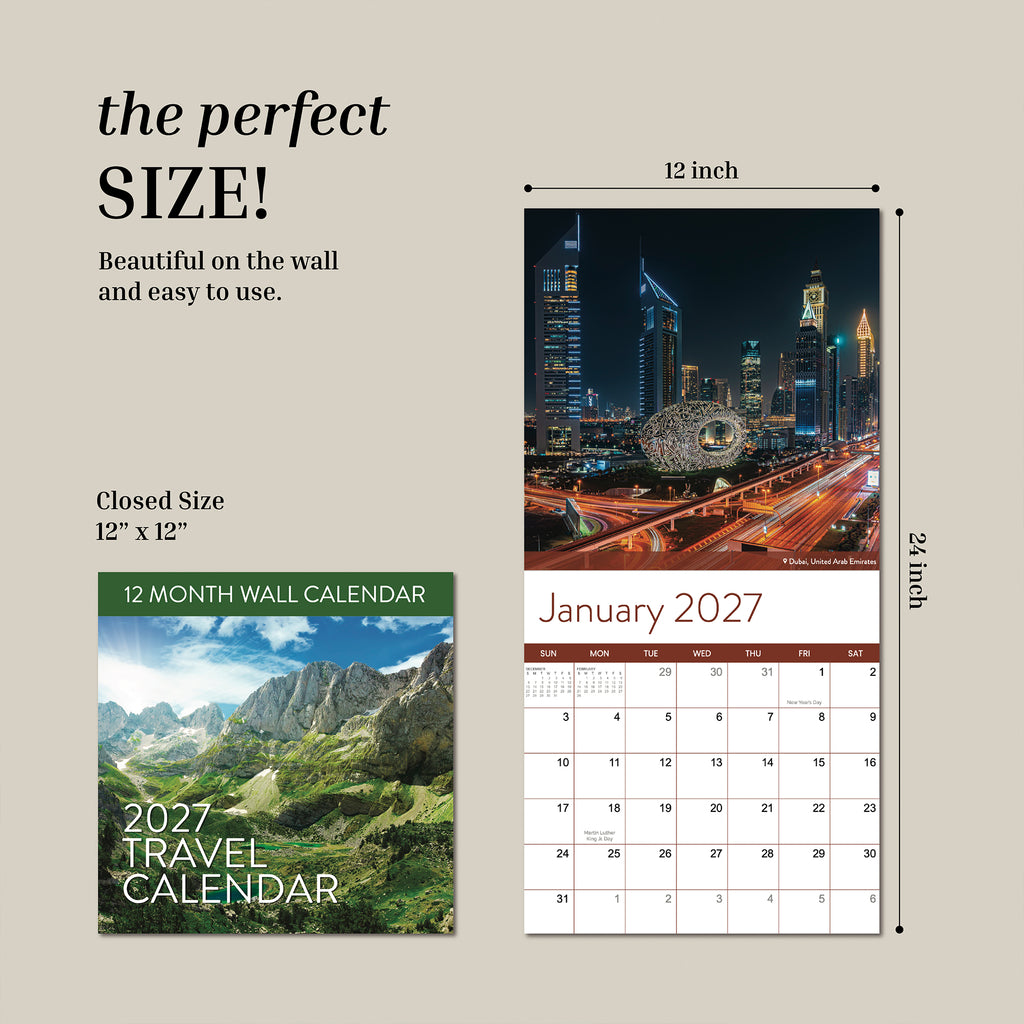 Discover the Eterna Goods 2027 Travel Inspiration Wall Calendar, available in two convenient formats: closed at a compact 12"x12" size featuring an eye-catching mountain cover, and open at 12"x24" to reveal January 2027 highlighted by a stunning cityscape photograph—all set against a tasteful beige background. Ideal for adventurous spirits, this wall calendar infuses your space with breathtaking destinations from around the globe throughout the year.