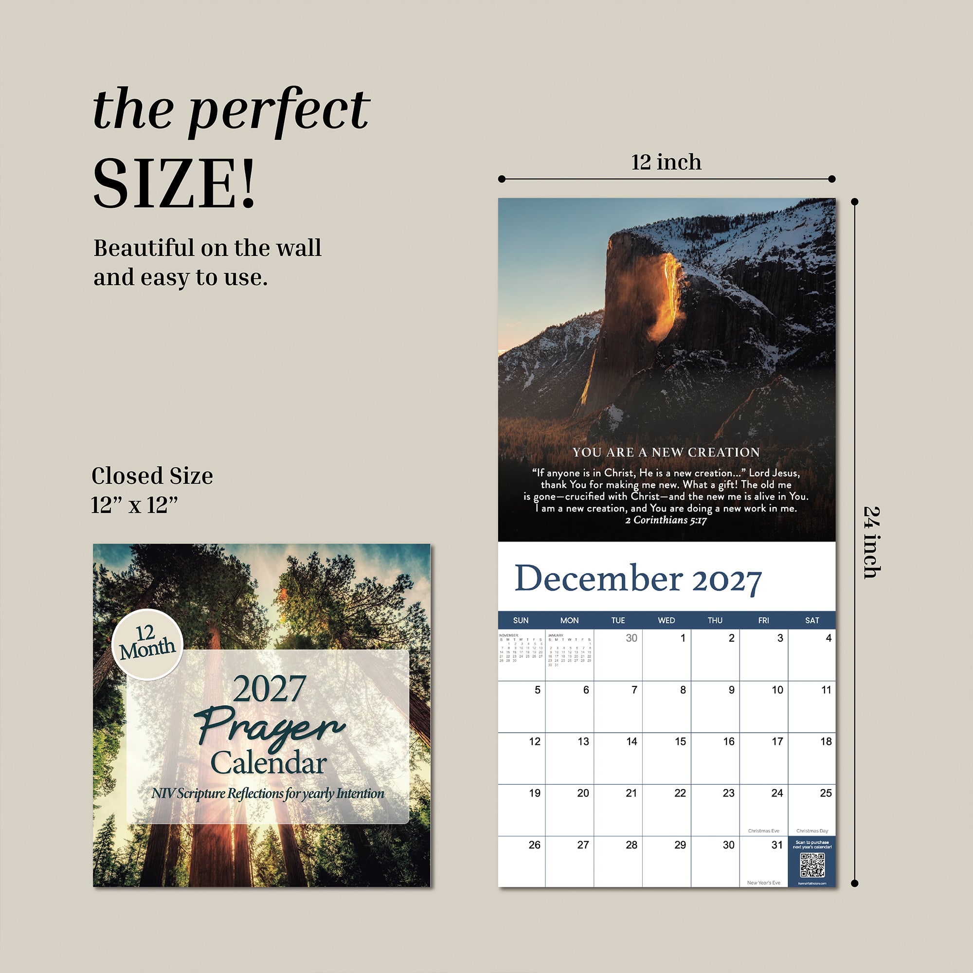 The Hannah Faith 2027 Prayer Wall Calendar is shown closed (12x12 inches) and open (12x24 inches); this beautifully designed calendar features uplifting Bible verses, inspiring nature photography, and a spacious monthly layout—making it a meaningful faith-based gift for any occasion.