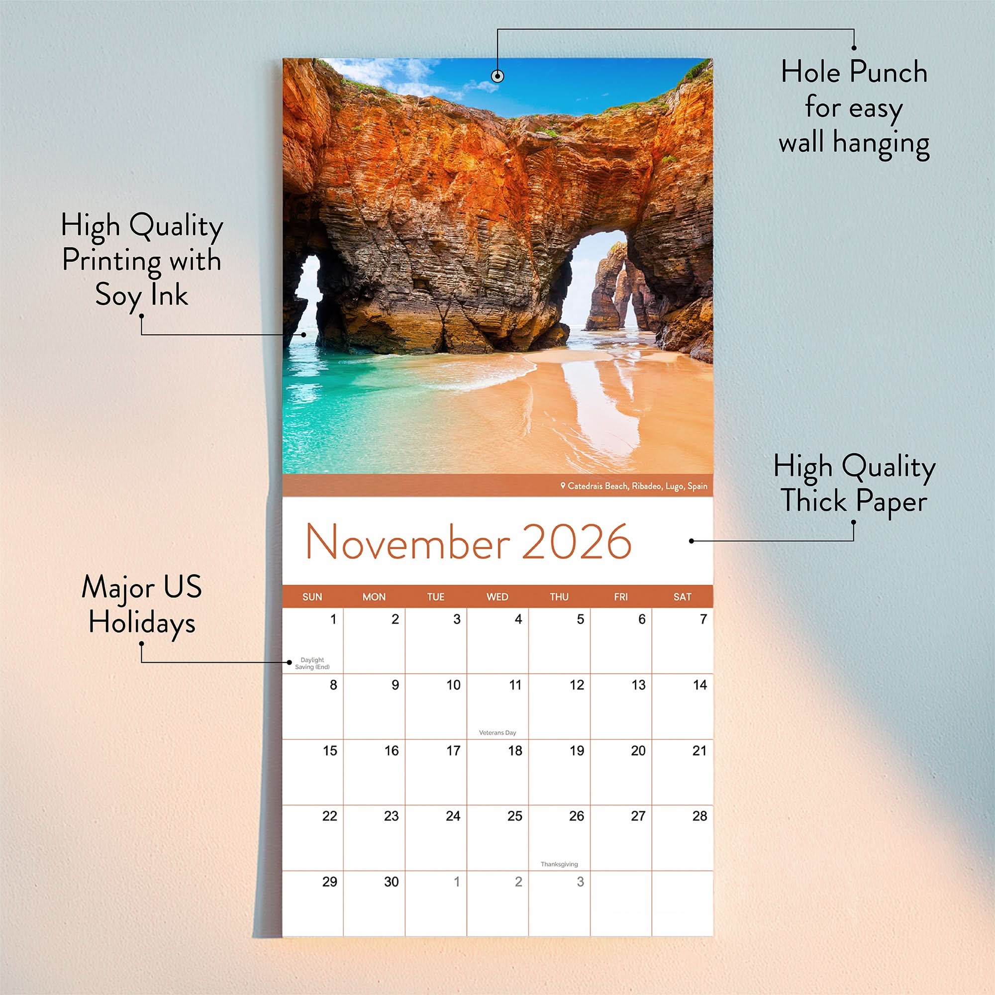 The Eterna Goods 2026 Beaches Wall Calendar displays stunning Catedrais Beach photography for November, features labeled hole punch, thick paper, soy ink, major US holidays—ideal for beach lovers seeking a stylish wall calendar.