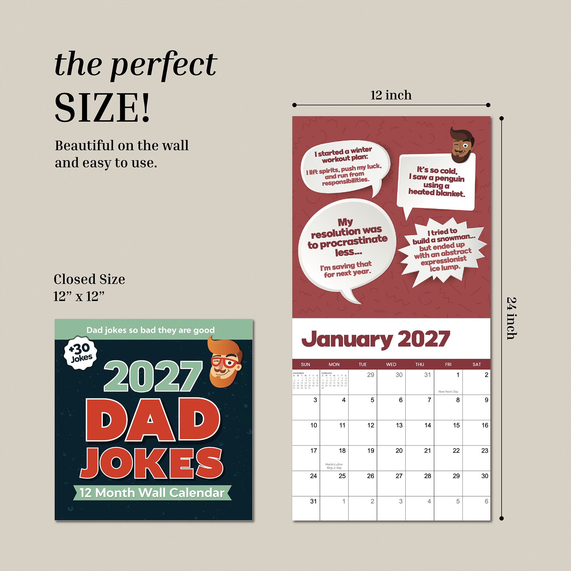 The 2027 Dad Joke Wall Calendar by That Is So Dad is pictured open and closed, displaying its generous 12 x 24-inch size with the January 2027 page featuring multiple hilarious dad jokes in playful speech bubbles. This calendar is an ideal way to keep every month filled with laughter.