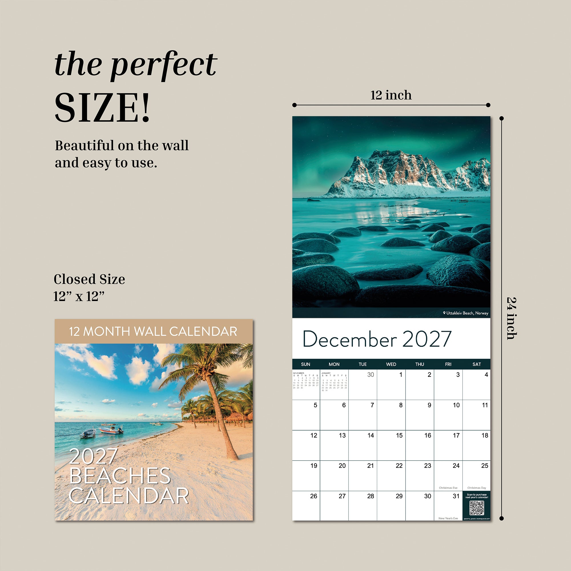 The Eterna Goods 2027 Beaches Wall Calendar is pictured both closed (12"x12") and open (12"x24"), displaying the December page with breathtaking beach photography, easy-to-read monthly dates, and bold title text. This stunning 12-month calendar from Eterna Goods is the perfect way to enjoy coastal tranquility in your home throughout the year.
