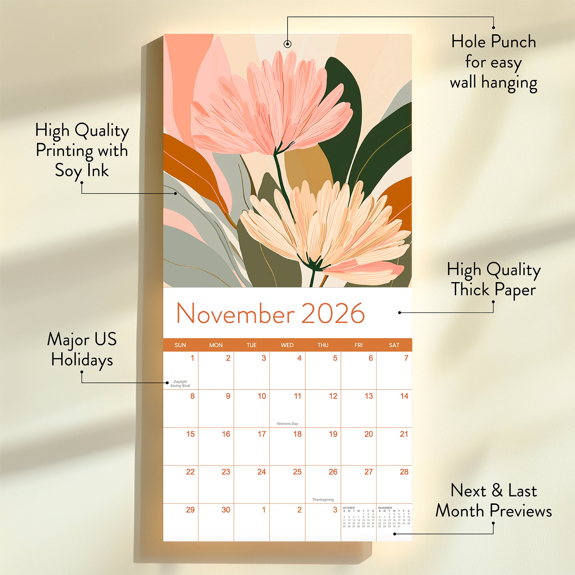 The Eterna Goods 2026 Floral Wall Calendar showcases November’s floral art, US holidays, thick paper, soy ink printing, a hanging hole, and previews of adjacent months.