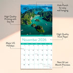 The Eterna Goods 2026 Travel Inspiration Wall Calendar features stunning November photography of Ha Long Bay, Vietnam, with thick paper, soy ink, a wall punch, US holidays, and date previews.