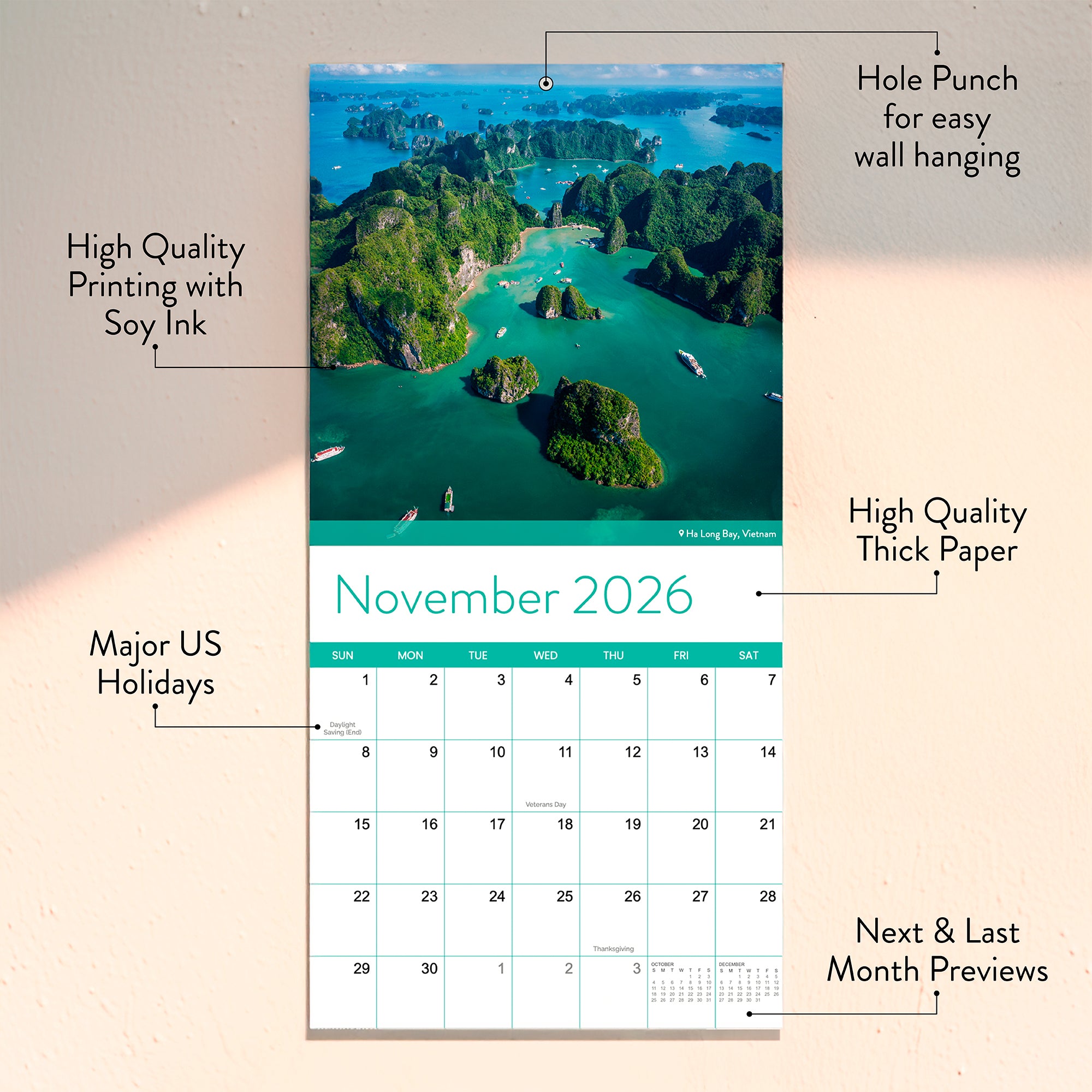 The Eterna Goods 2026 Travel Inspiration Wall Calendar features stunning November photography of Ha Long Bay, Vietnam, with thick paper, soy ink, a wall punch, US holidays, and date previews.