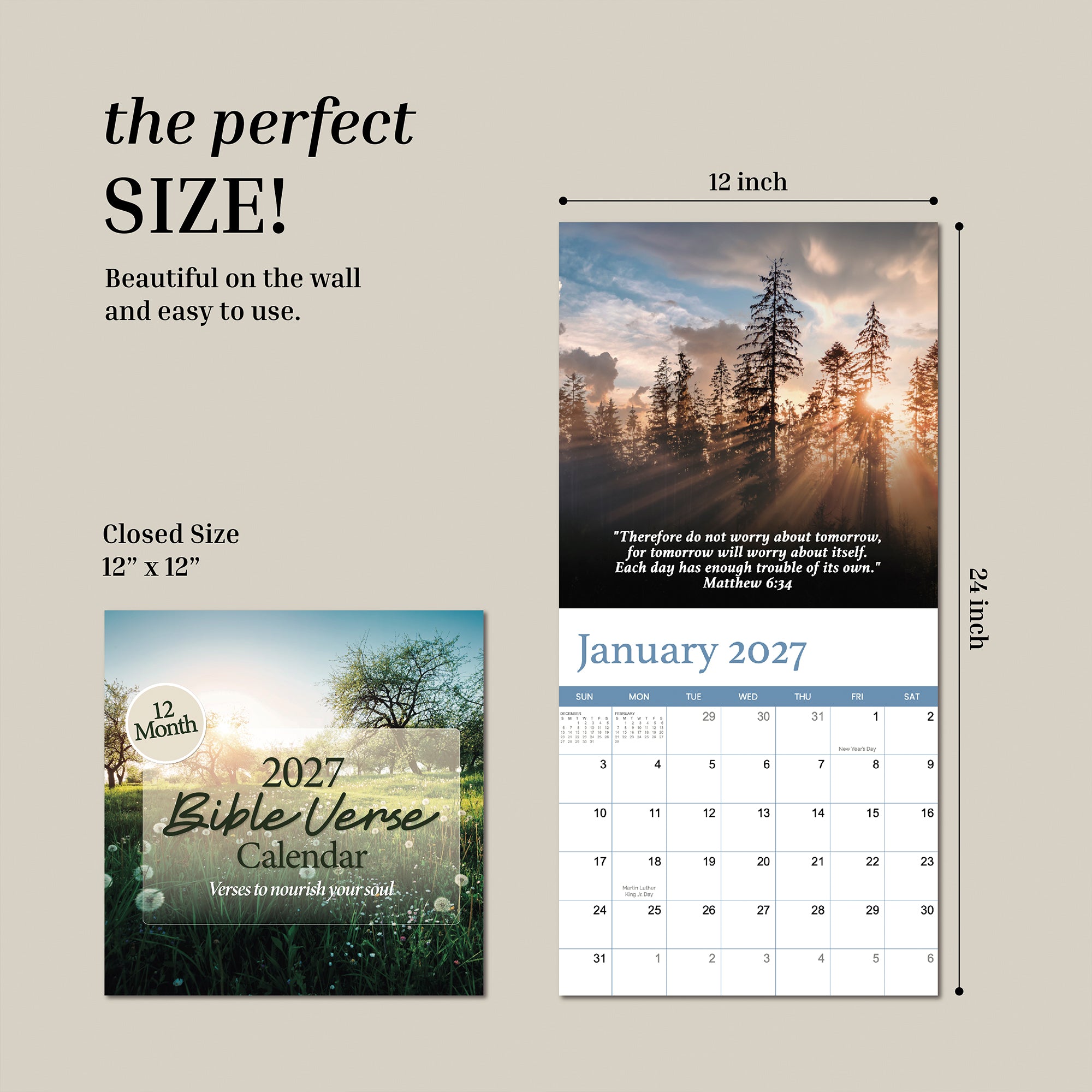 Two images display the Hannah Faith 2027 Bible Verse Wall Calendar, measuring 12"x12" when closed and 12"x24" when open. The calendar features a scenic photo, an inspiring scripture verse, and a January 2027 calendar grid. Text emphasizes the generous size, making this Christian wall calendar a perfect way to showcase uplifting Bible verses throughout the year.