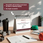 The Eterna Goods Perpetual Fitness Calendar, a spiral-bound desk calendar with daily workout tips, is displayed on a table with a water bottle, dumbbells, pen, and notebook; eco-friendly features are also highlighted nearby.