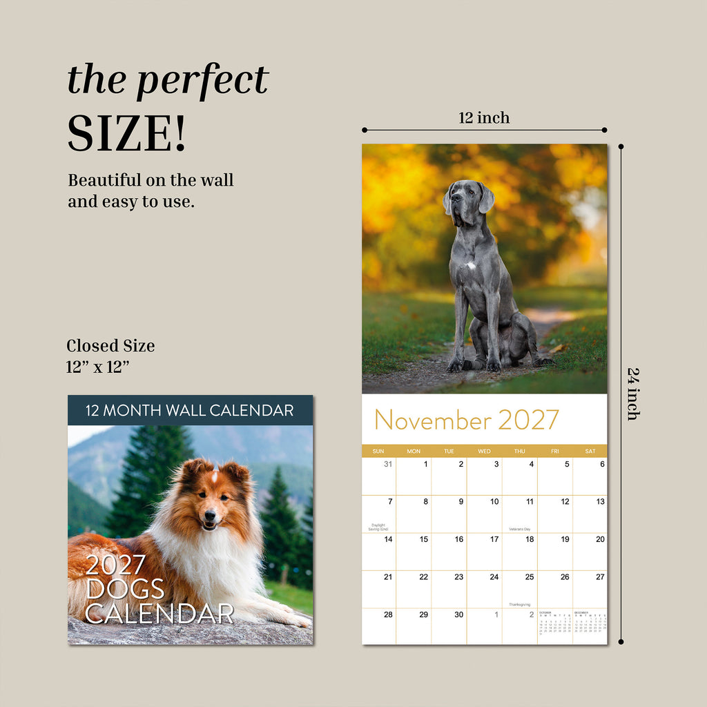 Two images feature the Eterna Goods 2027 Dogs Wall Calendar, measuring 12" x 12"—one closed and one open to the November 2027 page showcasing a Weimaraner with marked dates. Perfect for dog lovers, measurement details appear along the right side.