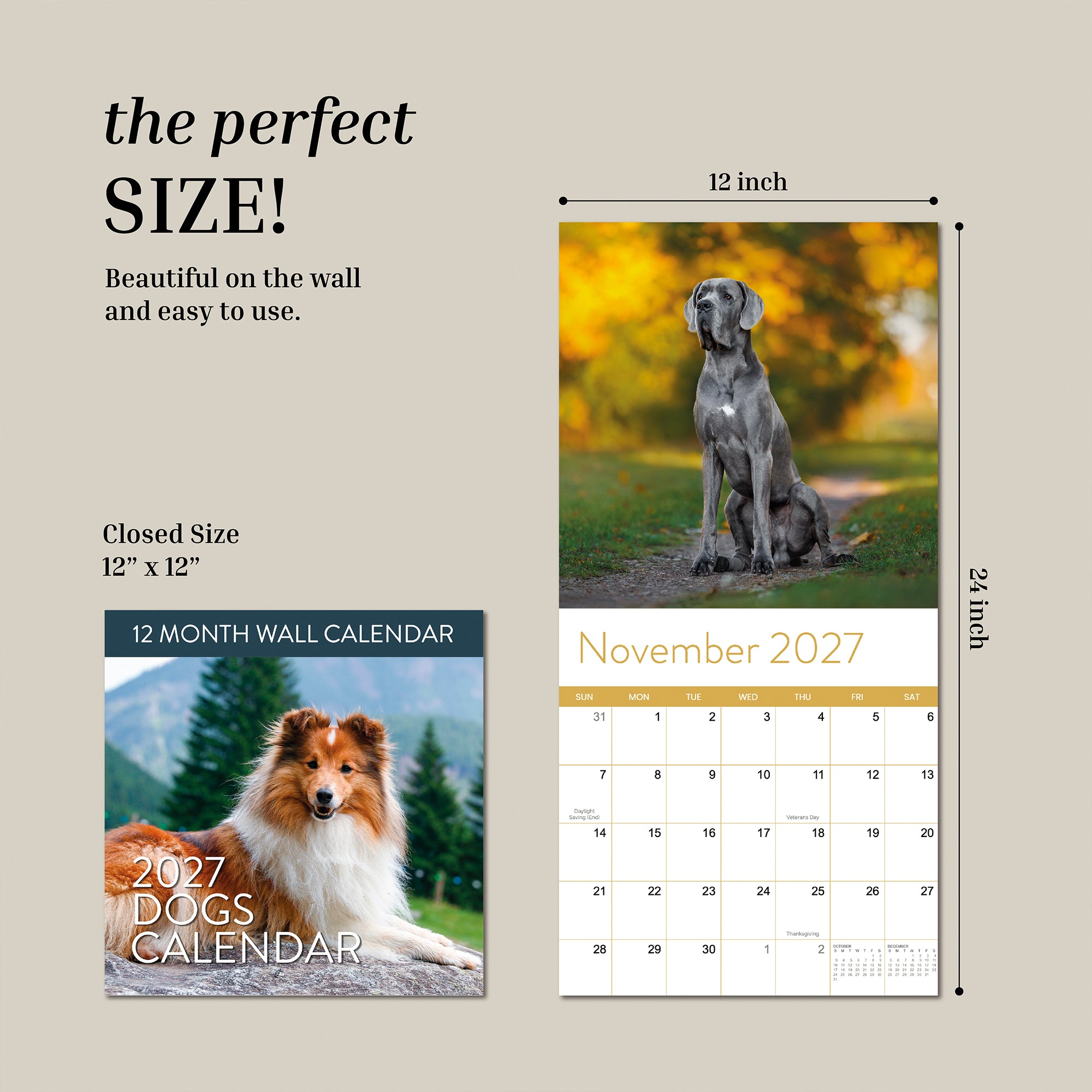 Two images feature the Eterna Goods 2027 Dogs Wall Calendar, measuring 12" x 12"—one closed and one open to the November 2027 page showcasing a Weimaraner with marked dates. Perfect for dog lovers, measurement details appear along the right side.