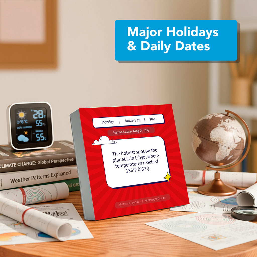 Desk scene featuring the Eterna Goods 2026 Epic Facts Calendar turned to "Martin Luther King Jr. Day" with a fact about Libya’s hottest temperature, plus a digital weather display, papers, and a globe—a great gift for trivia fans.