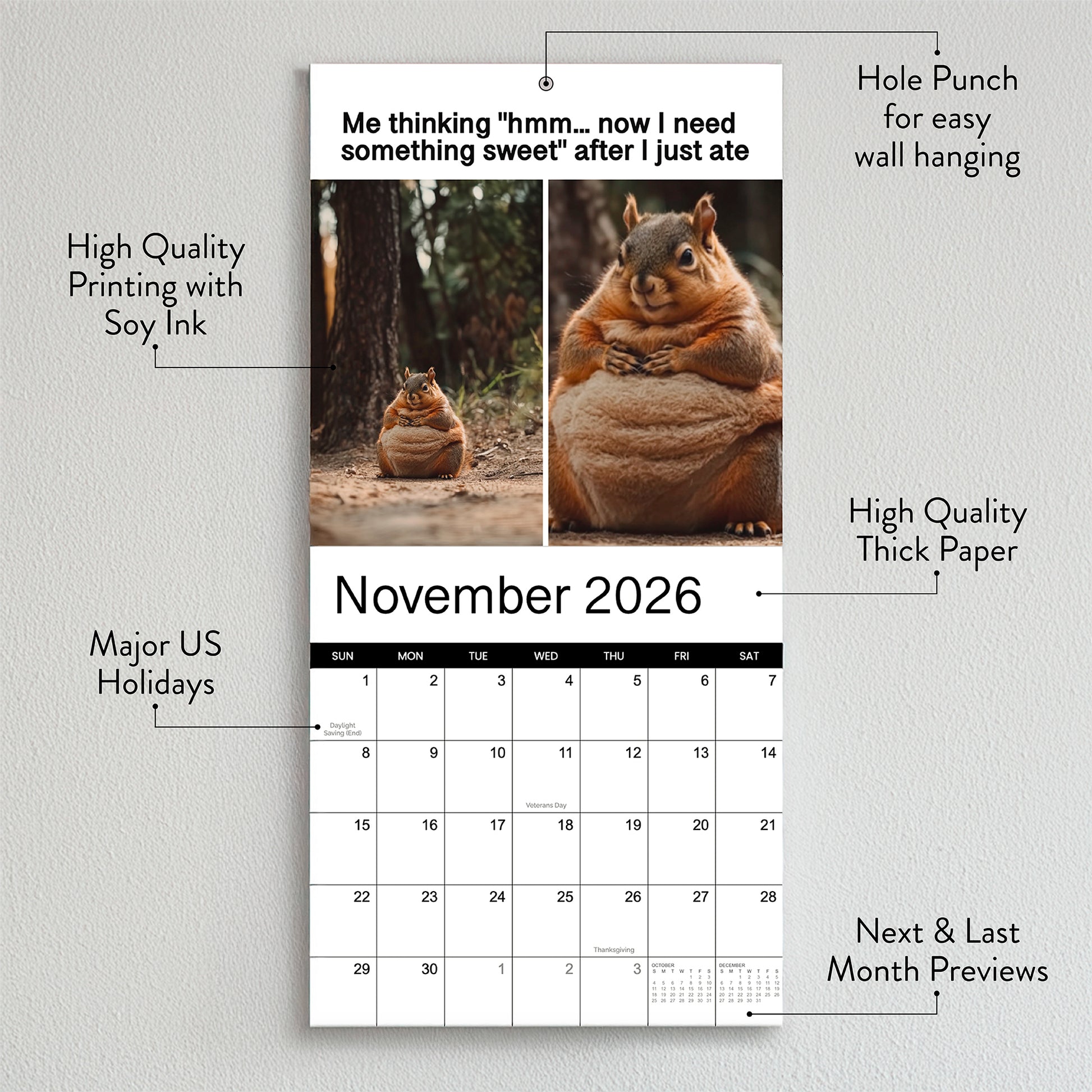 The Eterna Goods 2026 Meme Wall Calendar features November 2026 with a funny chubby squirrel photo, witty caption, and quality design labels.