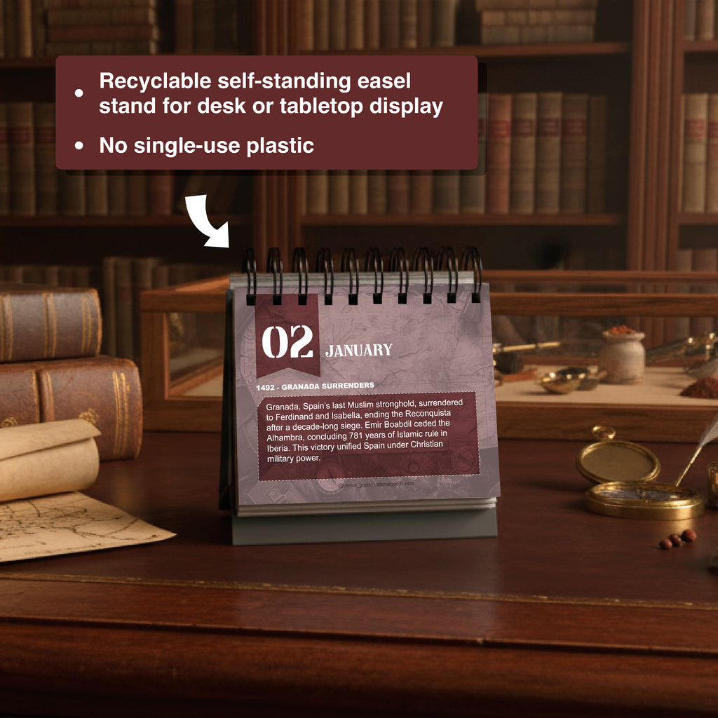 The Today In Military History Perpetual Calendar by Eterna Goods displays January 2 on a wooden table in a library, surrounded by books and a magnifying glass; accompanying text notes its eco-friendly features.