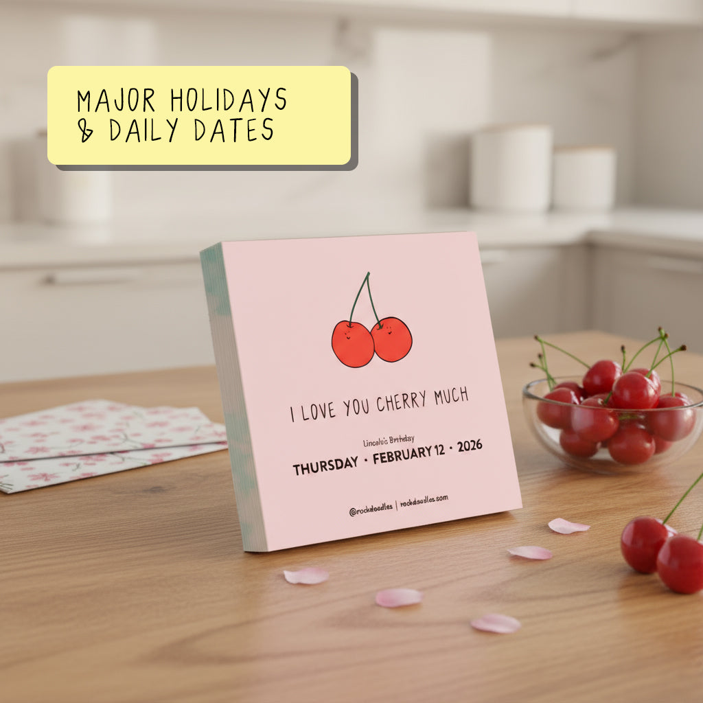 The 2026 A Pun a Day Calendar by rockdoodles features an illustration of two cherries and the phrase "I love you cherry much" for Thursday, February 12, 2026—a perfect eco-friendly gift for daily pun lovers. A bowl of cherries completes the scene.