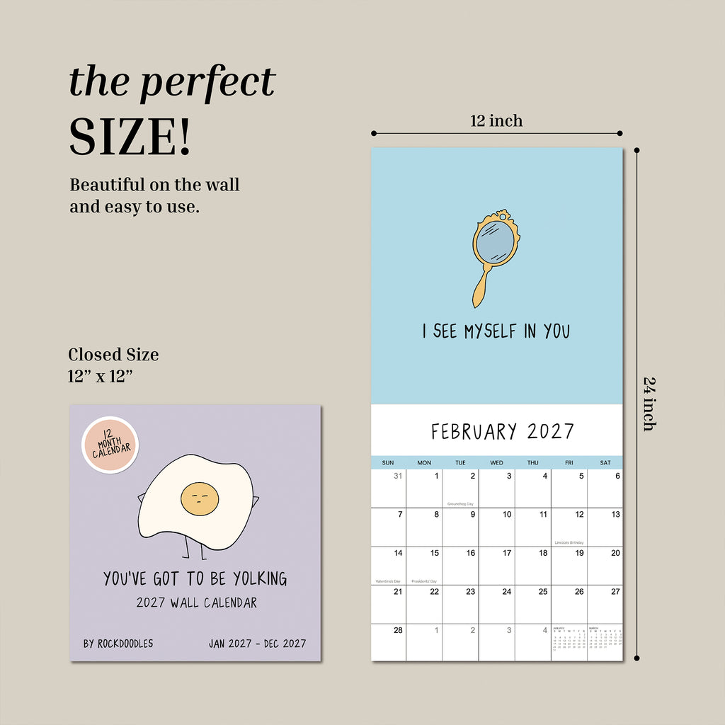The rockdoodles 2027 Pun Wall Calendar is shown both open (12 x 24 inches) and closed (12 x 12 inches); this humorous calendar features illustrated egg and mirror puns, making it a perfect gift for pun enthusiasts.