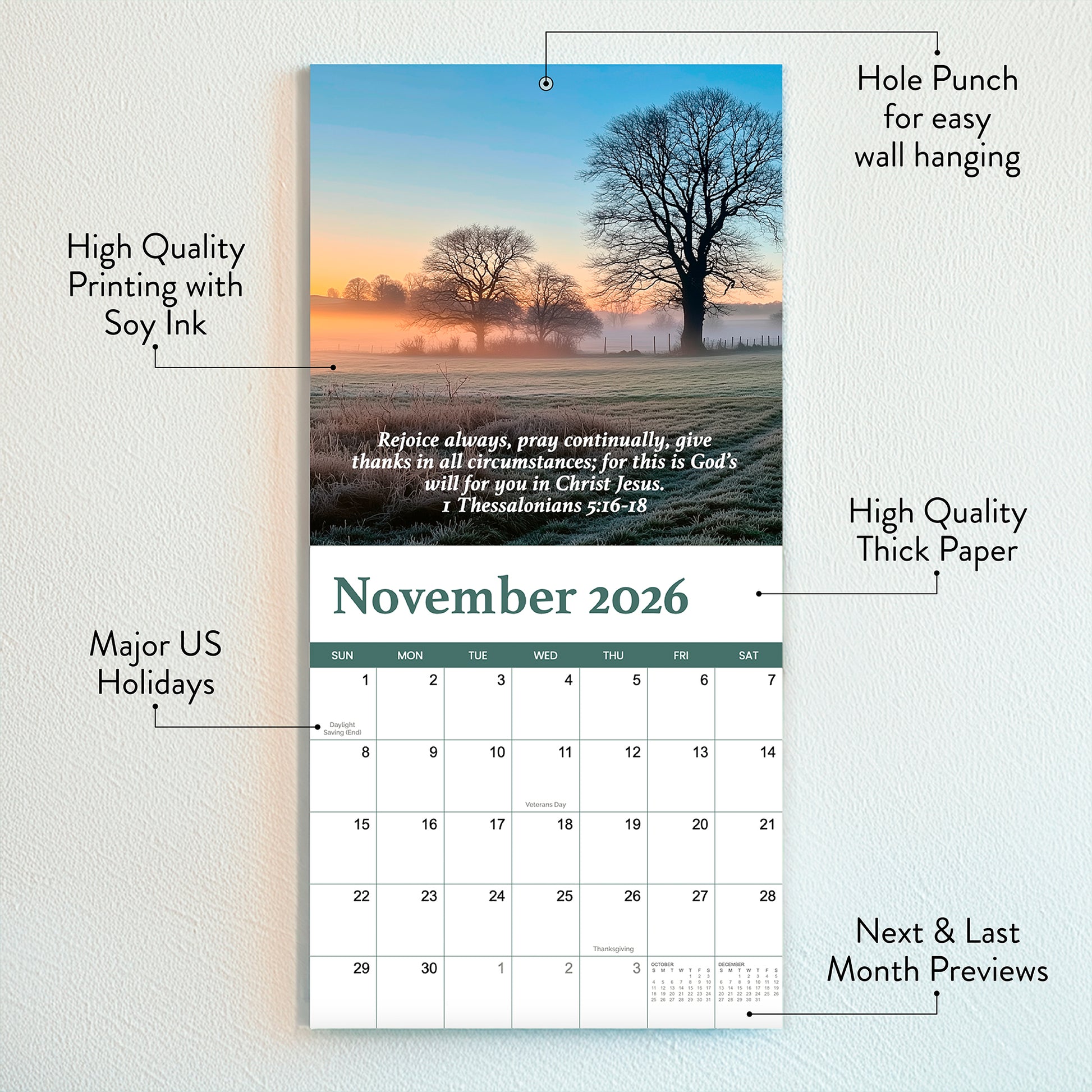 The Hannah Faith 2026 Bible Verse Wall Calendar for November features a scenic landscape, inspiring scripture, US holidays, soy ink, thick paper, hole punch, and month previews.