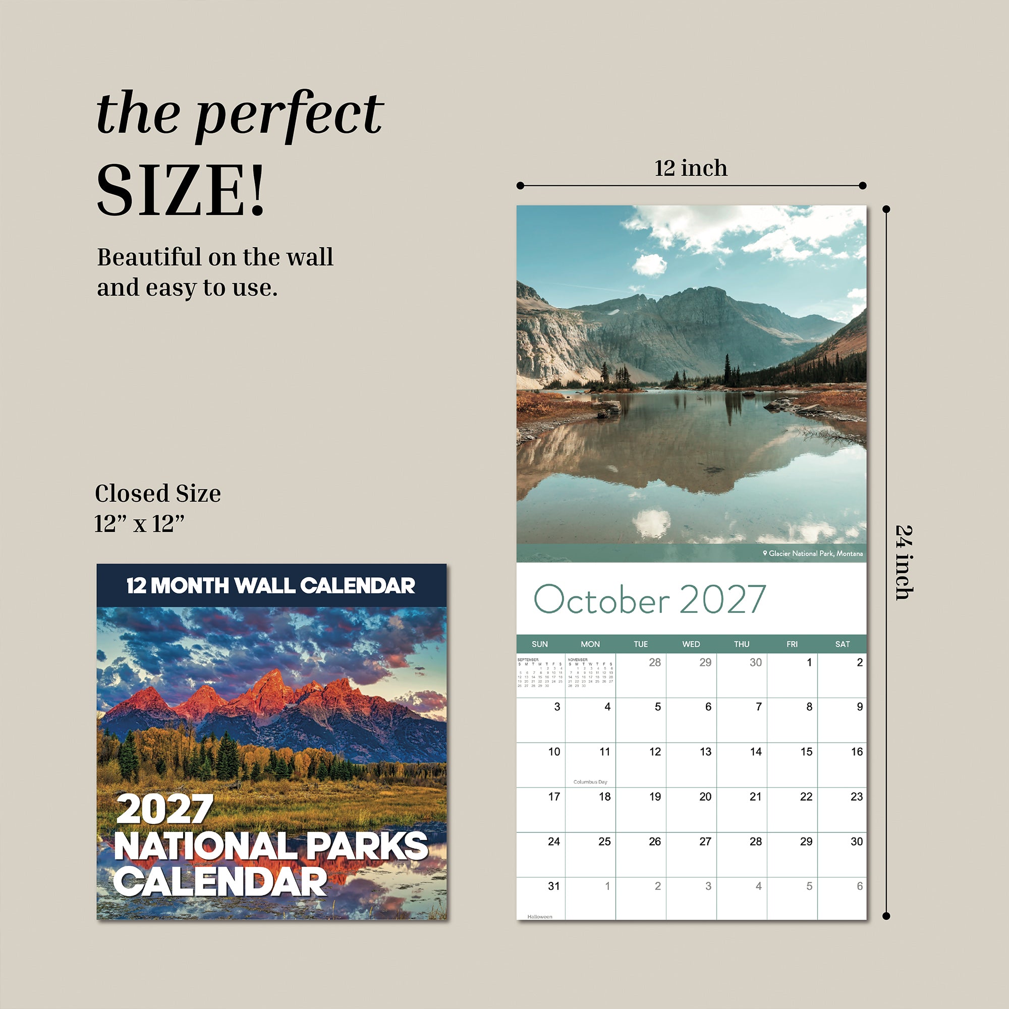 The Eterna Goods 2027 National Parks Wall Calendar is displayed both closed and open, measuring 12 x 24 inches when open. It features breathtaking National Park photography above the October 2027 monthly grid—an ideal choice for outdoor enthusiasts looking for year-round inspiration.