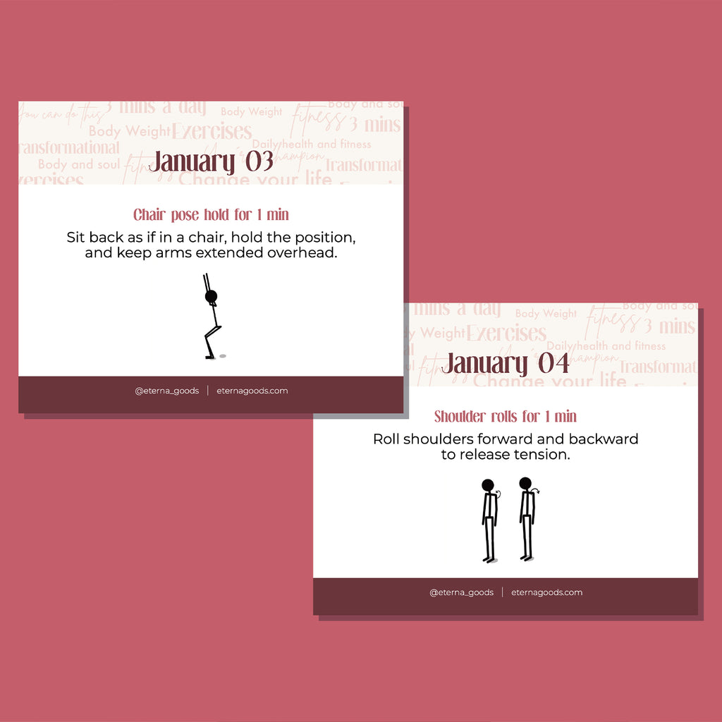 Two Perpetual Fitness Calendar cards from Eterna Goods: "chair pose hold" with raised arms on Jan 3, and "shoulder rolls" on Jan 4, each featuring stick figure guides as daily fitness tips.