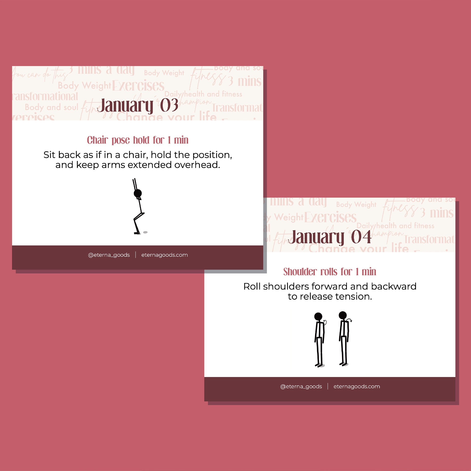 Two Perpetual Fitness Calendar cards from Eterna Goods: "chair pose hold" with raised arms on Jan 3, and "shoulder rolls" on Jan 4, each featuring stick figure guides as daily fitness tips.