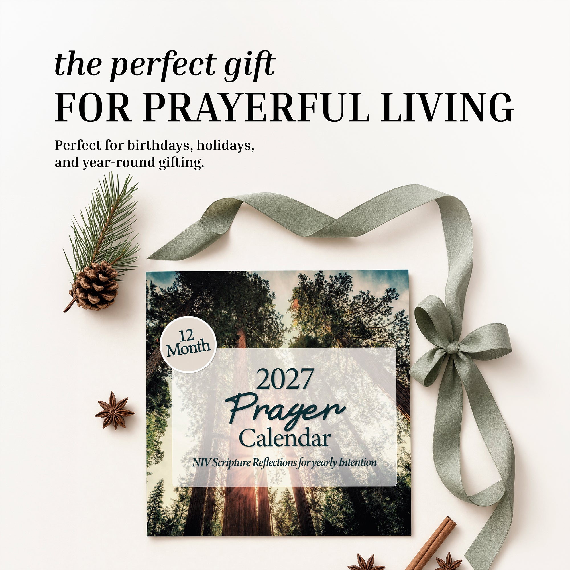 A Hannah Faith 2027 Prayer Wall Calendar, featuring a ribbon, pine cone, and spices, is beautifully arranged on a light background. The text highlights it as a thoughtful faith-based gift ideal for prayerful living. For year-round inspiration, pair it with a Hannah Faith 2026 Wall Calendar or Bible Verse Calendar.